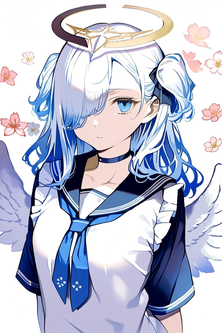 masterpiece, best quality, aesthetic,a mature 1girl, angel, white hair, long curly hair, (two side up), blue eyes, Two blue hair ties on head , (Double golden halo on her head), choker, angel wings,ahoge,hair over one eye,samurai,(vintage jkseifuku:1.4),sakura