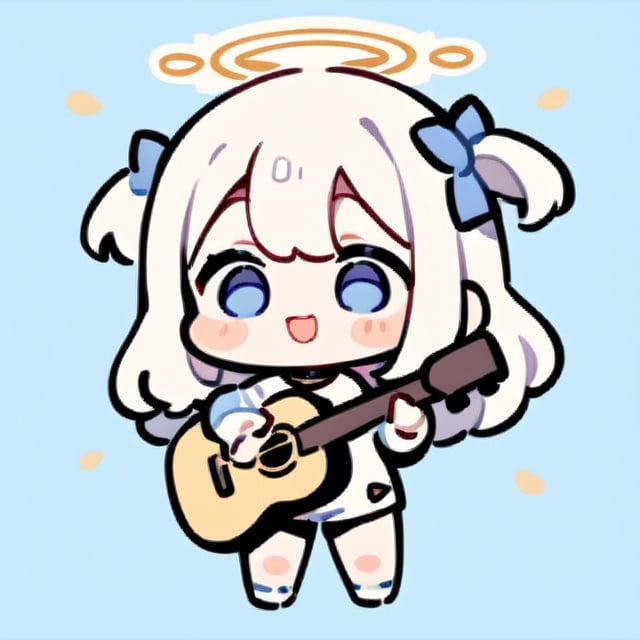  chibi, masterpiece, best quality, solo, 1girl, angel, (white hair), long curly hair, (two side up),blue eyes, (two blue ribbons on her hair), ((Double golden halo on her head)), choker, ((angel wings)), full body, cute smile, best smile, open mouth, Wearing white T-shirt, short pants, playing guitar, simple background,masterpiece,Chibi anime,doodle,cute comic