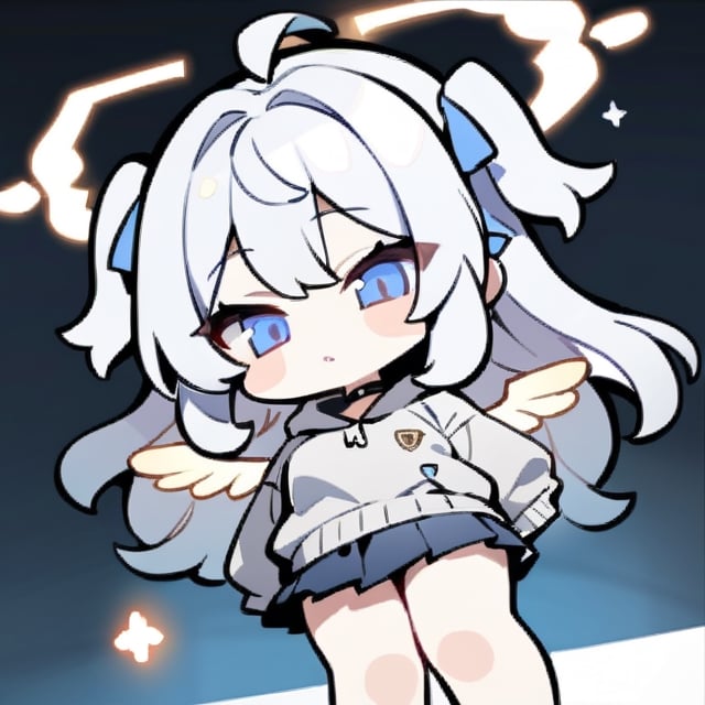  chibi, masterpiece, best quality,1girl, angel, (white hair), long curly hair, (two side up),blue eyes, (two blue ribbons on her hair), ((Double golden halo on her head)), choker, ((angel wings)), ahoge,Wearing grey Hooded T-shirt, long sleeves,pleated skirt,masterpiece,Emote Chibi