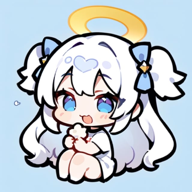  chibi, masterpiece, best quality, solo, 1girl, angel, (white hair), long curly hair, (two side up),blue eyes, (two blue ribbons on her hair), ((Double golden halo on her head)), choker, ((angel wings)), full body, cute smile, best smile, open mouth, Wearing white T-shirt, eating Puffs,simple background,masterpiece,Chibi anime,doodle