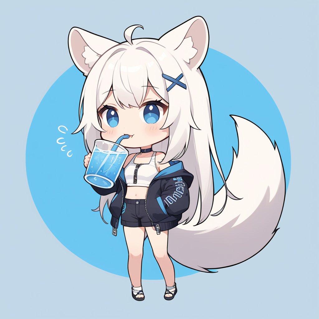 (chibi:1.3), masterpiece, made by a master, 4k, perfect anatomy, perfect details, best quality, high quality, lots of detail.
(solo),1girl, ((stoat girl)), solo,  ((white hair)), very long hair, blue eyes, (straight hair), (bangs), animal ears, (stoat ears:1.2), Choker, ahoge, cute_fang, (big Fox Tail:1.2), (blue X hairpin), (White collared sleeveless top, (midriff), blue chest bow), (black hooded oversized jacket:1.2), (jacket zipper half unzipped), (black short pants) (Off the shoulders), single, ((drinking water a big cup)), (upper body) ,Emote Chibi. cute comic,simple background, flat color, Cute girl,dal,Chibi Style,lineart,comic book,chibi emote style