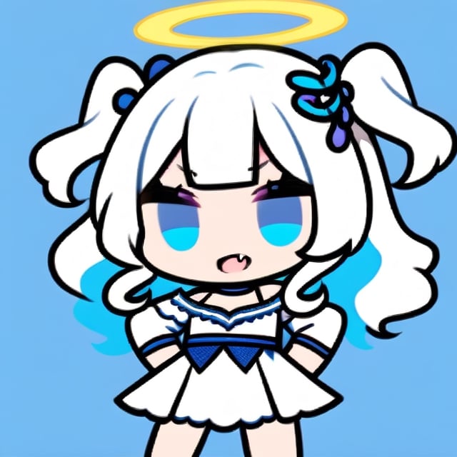 cute, kawaii, chibi, 1girl, angel, ((white hair)), long curly hair, (two side up), blue eyes,  (curly hair:1.2), (wavy hair), (hair curls), (bangs), (two side up), two blue hair ties on head, (Double golden halo on her head), choker, angel wings, ahoge, fang, White dress with blue lace trim, anime style, cute pose,chibi,simple background, flat color