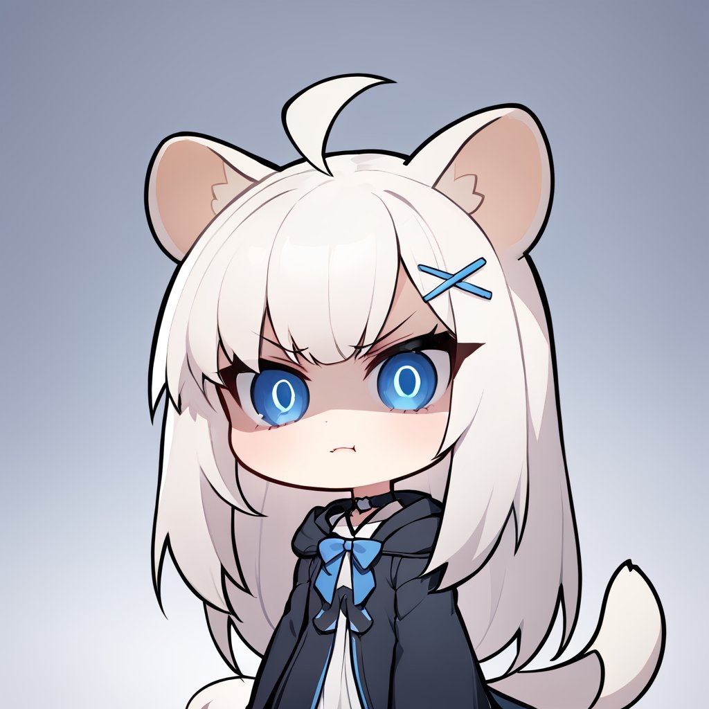 (chibi style), {{{masterpiece}}}, {{{best quality}}}, {{ultra-detailed}}, {beautiful detailed eyes},1girl, solo,  ((white hair)), very long hair, blue eyes, (straight hair), (bangs), animal ears, (stoat ears:1.2), Choker, ahoge, fangs, (big stoat Tail:1.2), (X hairpin), (White sleeveless collared dress, blue chest bow), (black hooded oversized jacket:1.2), (Off the shoulders), ((shadow face:1.2)), (angry eyes), (closed mouth), upper body,chibi emote style,chibi,emote, cute,