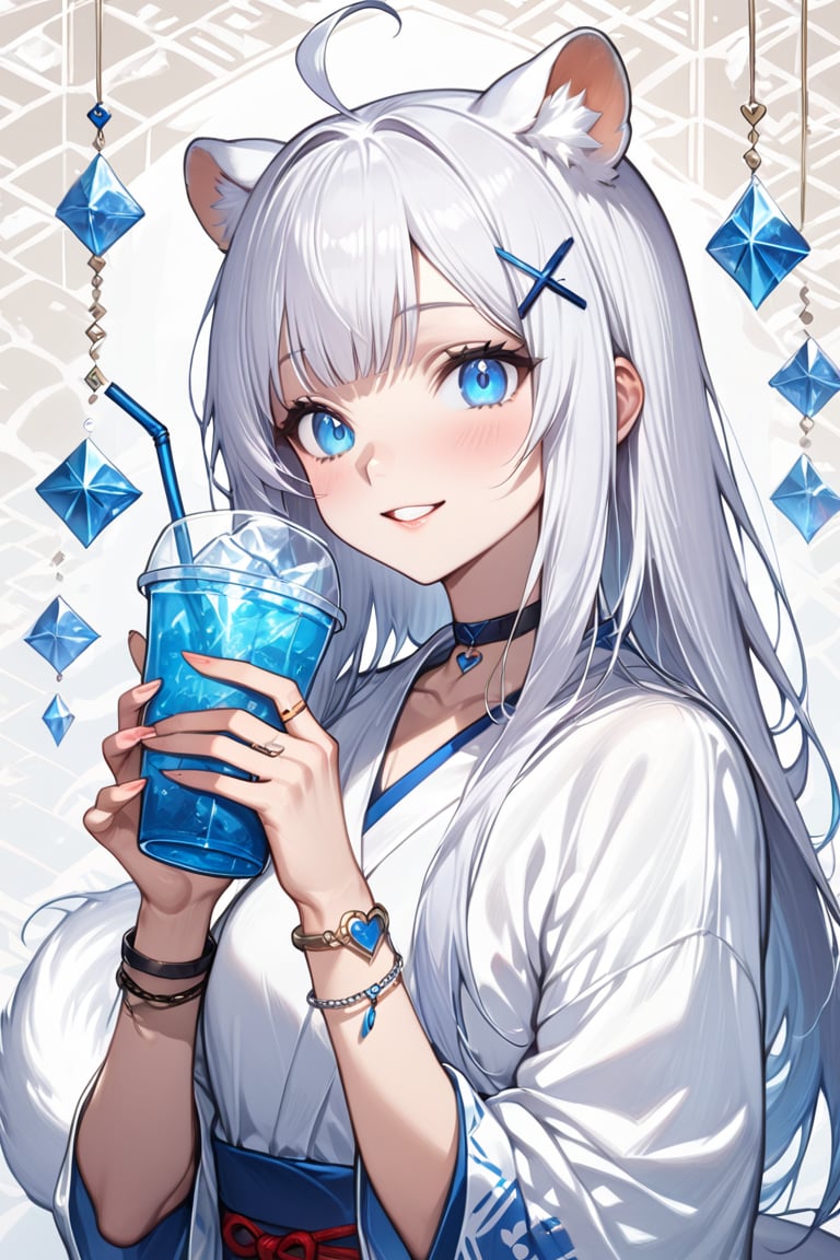 Masterpiece, 1 cute girl,1girl, stoat girl, solo,  ((white hair)), very long hair, blue eyes, (straight hair), (bangs), animal ears, (stoat ears:1.2),
 Choker, ahoge, yaeba, (big white stoat Tail:1.2), (blue X hairpin), solo, looking at viewer, long hair, bangs, smiling, simple background, heart \(symbol\), star (symbol\),  shirt,  holding with both hands, blue eyes, white shirt, upper body,  open lips, bracelet, cup, ring, cup held in hand, Japanese pattern background, cup, ice, straw, drink, glass, ice,ink paint