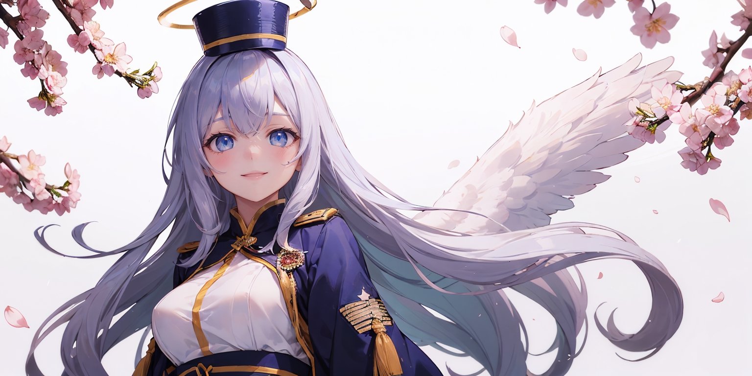  figure, (1girl), (solo), (angel_wings), ((white long curly hair)), blue eyes, two blue ribbons on her hair, (Double golden halo on her head), middle_breast, , cute smile, Japanese military uniform, Japanese military hat, fighting pose, background is cherry blossoms, masterpiece, masterpiece, best quality, better_hands, five fingers,masterpiece