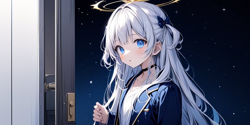 (masterpiece), full body:1.1, 1girl, (angel), white hair, long curly hair, two side up,blue eyes, two blue ribbons on her hair, (Double golden halo on her head), choker, ((angel wings)), solo, negative space, (starry sky background, standing), cinematic angle, side angle, from above:1, a girl in a school uniform, cute, black pleated skirt, blue blazer, blue bow in hair, ahoge, simple, facing viewer, manga illustration style, Trying to close the door, closing a door, a white wooden door, A mysterious door, Behind the door is a starry sky, bangs, staring blankly at the camera, surprised expression, open mouth, detailed blue eyes,