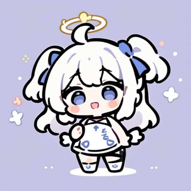  chibi, masterpiece, best quality, solo, 1girl, angel, white hair, long curly hair, (two side up), blue eyes, two blue bows on head, (Double golden halo on her head), choker, angel wings on back, ahoge, full body, cute smile, best smile, open mouth, Wearing blue and white dress, short pants, (Holding a huge stand sign), simple background,masterpiece,Chibi anime,doodle,cute comic,cutegirlmix
