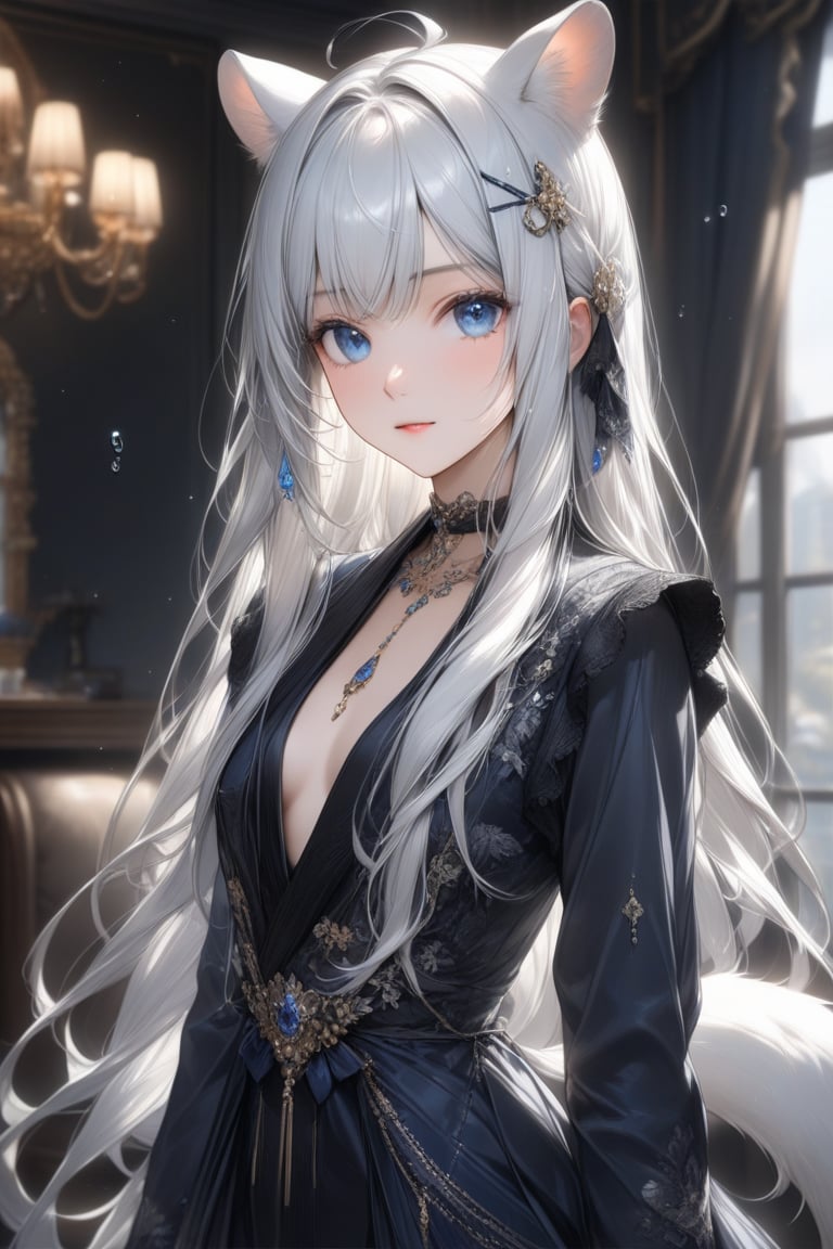 1girl, stoat girl, solo,  ((white hair)), very long hair, blue eyes, (straight hair), (bangs), animal ears, (stoat ears:1.2),
 Choker, ahoge, yaeba, (big white stoat Tail:1.2), (blue X hairpin), Beautiful girl. She is very badass, she wears a very luxurious outfit, pretty detailed, shining skin, detailed skin, dynamic light, wallpaper quality, detailed eyes, shining, blue eyes, blurry background, detailed image, detailed skin, upper body, looking at viewer, stunning image, 8k, proffesional style, luxurious room in background. Water drop, ((masterpiece: 1.2)), light particles, ink droplets in background.,Masterpiece,Stunning image,Professional style