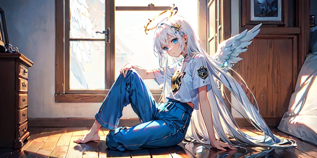  (Best Picture Quality, High Quality, Best Picture Score: 1.3), , Perfect Beauty Score: 1.5, long hair, 1 angel girl, (solo), ((white hair)), (long curly hair), blue eyes, ((two blue ribbons on her hair)), (Double golden halo on her head), (angel wings), (cute outfit), Wearing a T-shirt and pajamas trousers, sitting on the floor of the room, sad expression, beautiful, cute, masterpiece, best quality,