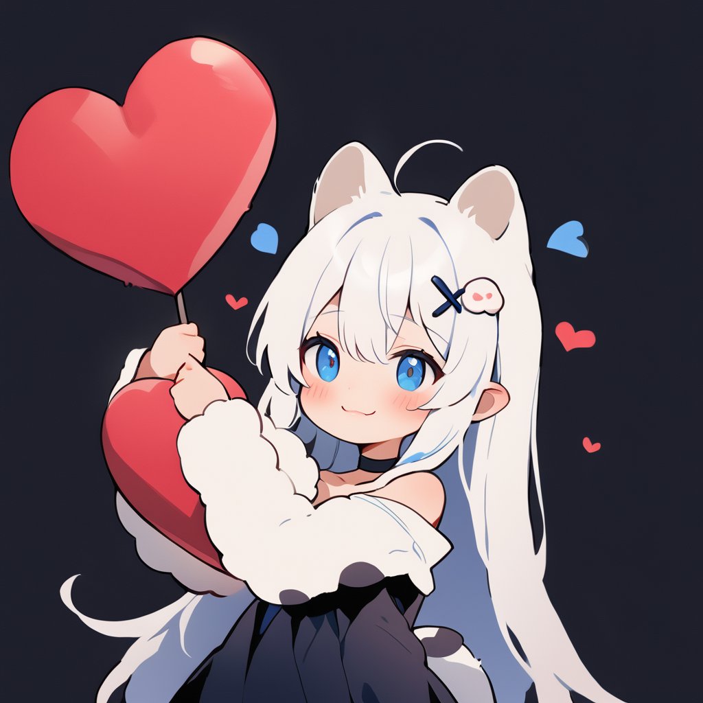 masterpiece, 1girl, stoat girl, solo,  ((white hair)), very long hair, blue eyes, (straight hair), (bangs), animal ears, (stoat ears:1.2),
 Choker, ahoge, fangs, (big stoat Tail:1.2), (blue X hairpin), solo, long hair, blush, bangs, simple background, cute dress, white background, hair between eyes, (((love))), (smiling), (((holding a big heart))), collarbone, ahoge, lips parted, off shoulder, chibi, (((up body))),flat style,