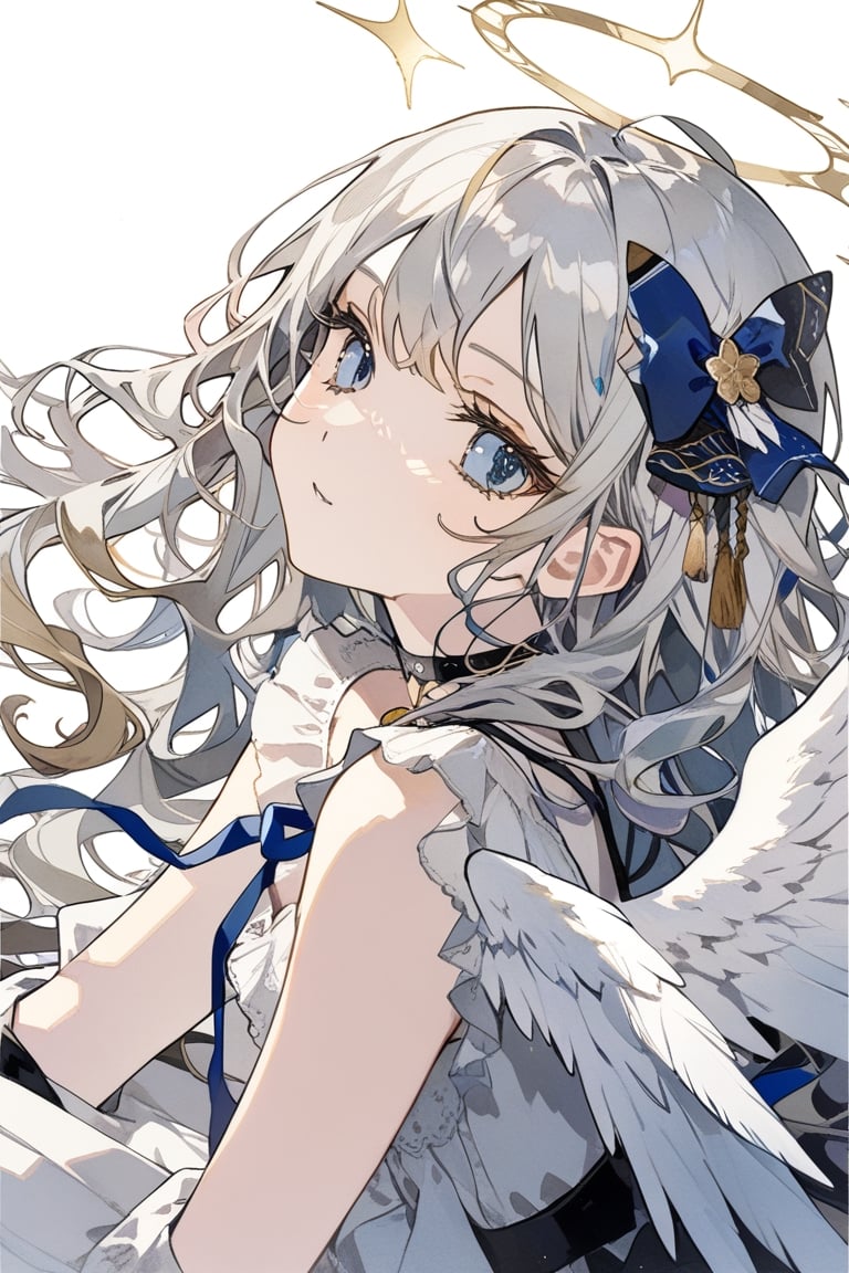 1girl, angel, white hair, long curly hair, two side up,blue eyes, two blue ribbons on her hair, (Double golden halo on her head), choker, angel wings on back, ahoge,Sitting with one hand running through the hair,
portrait, close-up, irezumi ,
masterpiece, best quality, aesthetic,ach_ciloranko-artist