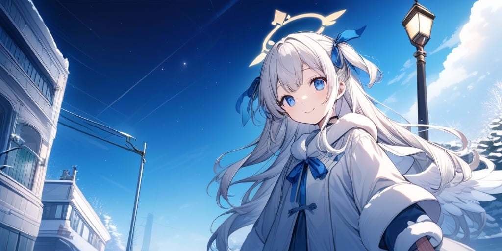 Anime-style illustration depicting a Japanese winter sky scene. A clear winter sky. A young girl,1angel, (white hair), long curly hair, blue eyes, (two blue ribbons on her hair), (Double golden halo on her head), ((angel wings)),  two side up, dress, cute outfit, best smile, cute face, wearing a choker and a hooded winter coat. The perspective is from below, choker, focusing on the girl, the street lamp against the clear winter sky.