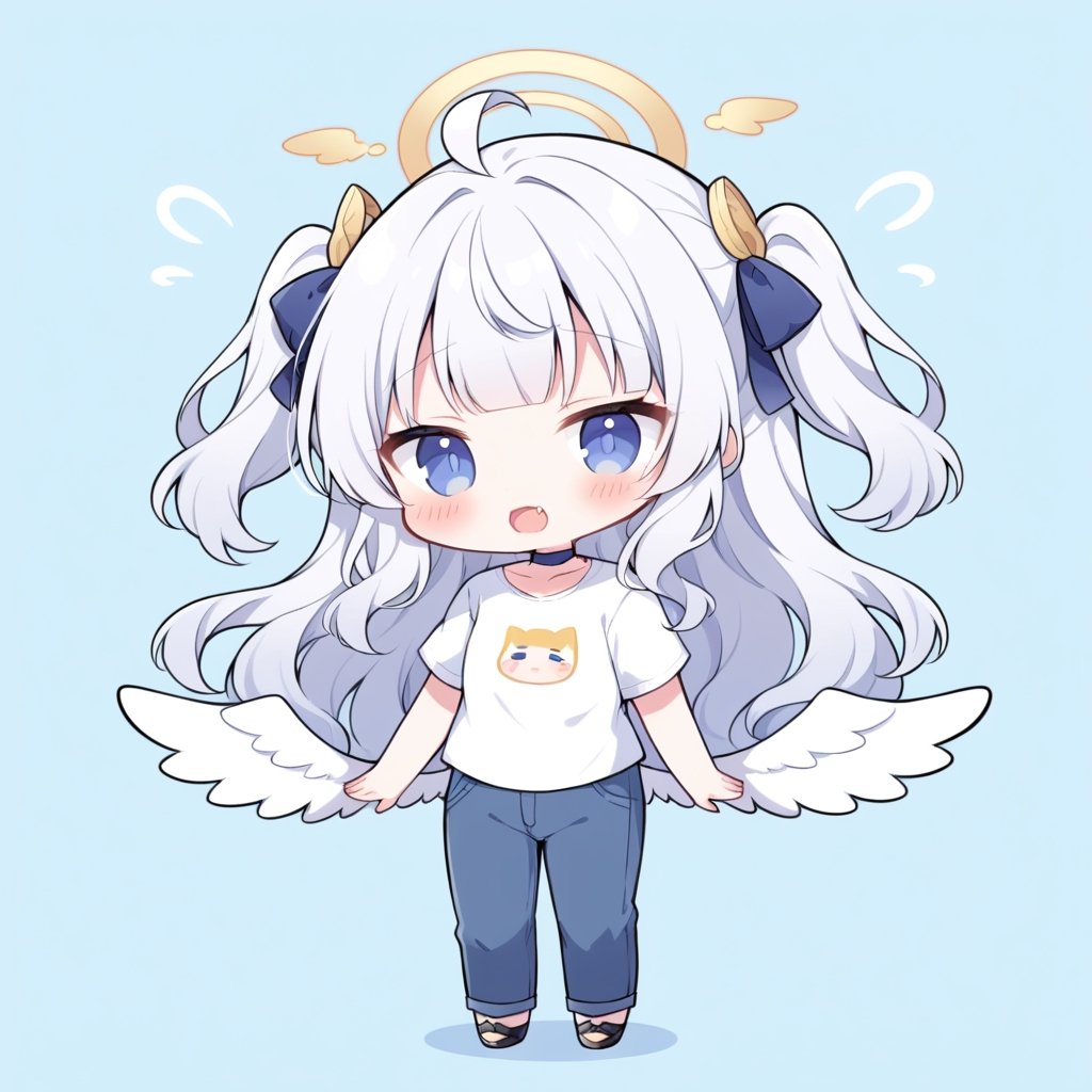 score_9,score_8_up,score_7_up, chibi, chibi style, 1girl, angel, ((white hair)), long curly hair, (two side up), blue eyes,  (curly hair:1.2), (wavy hair), (hair curls)
, (bangs), (two side up), two blue hair ties on head, (Double golden halo on her head), choker, angel wings, ahoge, fang, (=_=:1.3), (white T-shirt, pants), looking at viewer,blush,simple background,standing,full body,comic book