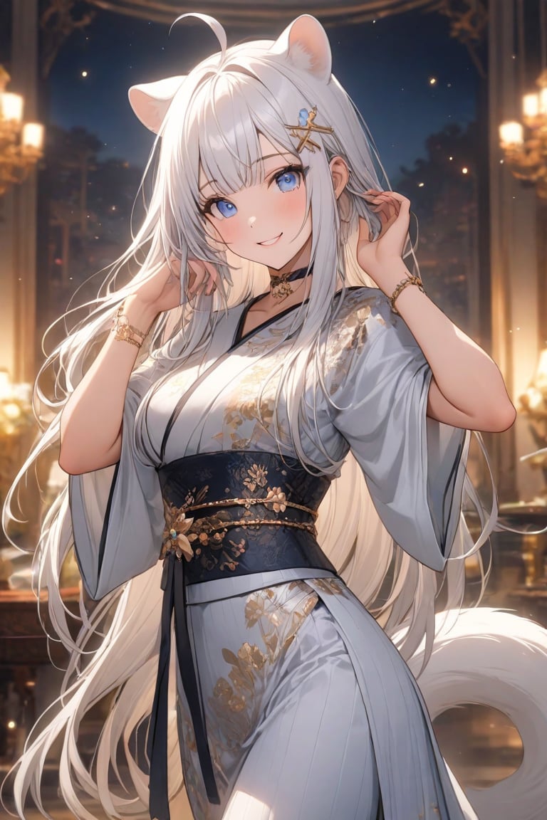 1girl, stoat girl, solo,  ((white hair)), very long hair, blue eyes, (straight hair), (bangs), animal ears, (stoat ears:1.2),
 Choker, ahoge, yaeba, (big white stoat Tail:1.2), (blue X hairpin), Pretty and badass woman, upper body, hand up, greeting, playful girl, hand fitting the hair. She wears a very elegant kimono. She is a very elegant, walking pose, impressive image, stunning image, masterpiece, light particles, blurry background, lovely woman, fascinating aesthetics. Hyperdetailing masterpiece, hyperdetailing skin, masterpiece quality, with 8k resolution. Kind smile. She's in a elegant luxurious palace. straight hair, hime_cut, long hair; fashionable outfit, sakura hairpin. leaning forward. It's nightime. elegant aura. cute smile