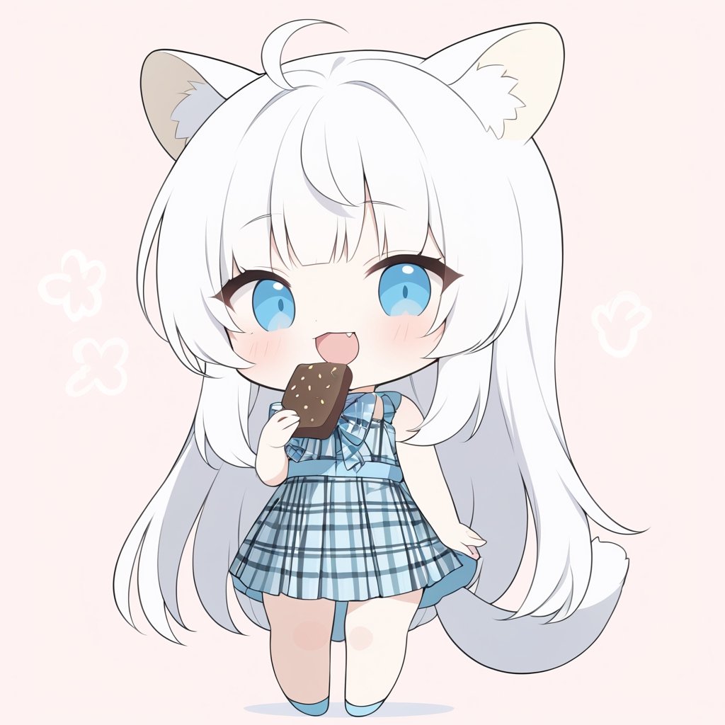 chibi, masterpiece, made by a master, 4k, perfect anatomy, perfect details, best quality, high quality, lots of detail.
(solo),1girl, ((white hair)), very long hair, blue eyes, (straight hair), (bangs), (stoat ears:1.2), ahoge, fang, (big stoat Tail:1.2), (plaid dress, chest bow), eating food, single, looking at viewer, (happy), (chuckle), (full body) ,Emote Chibi. cute comic,simple background, flat color, Cute girl,Chibi Style,