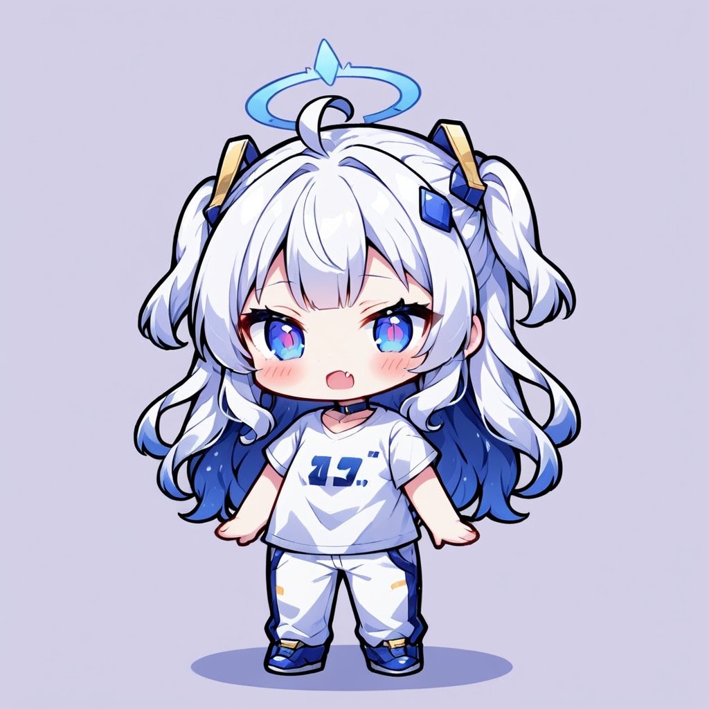 score_9,score_8_up,score_7_up, chibi, chibi style, 1girl, angel, ((white hair)), long curly hair, (two side up), blue eyes,  (curly hair:1.2), (wavy hair), (hair curls)
, (bangs), (two side up), two blue hair ties on head, (Double golden halo on her head), choker, angel wings, ahoge, fang, (=_=), (white T-shirt, pants), looking at viewer,blush,simple background,standing,full body,comic book