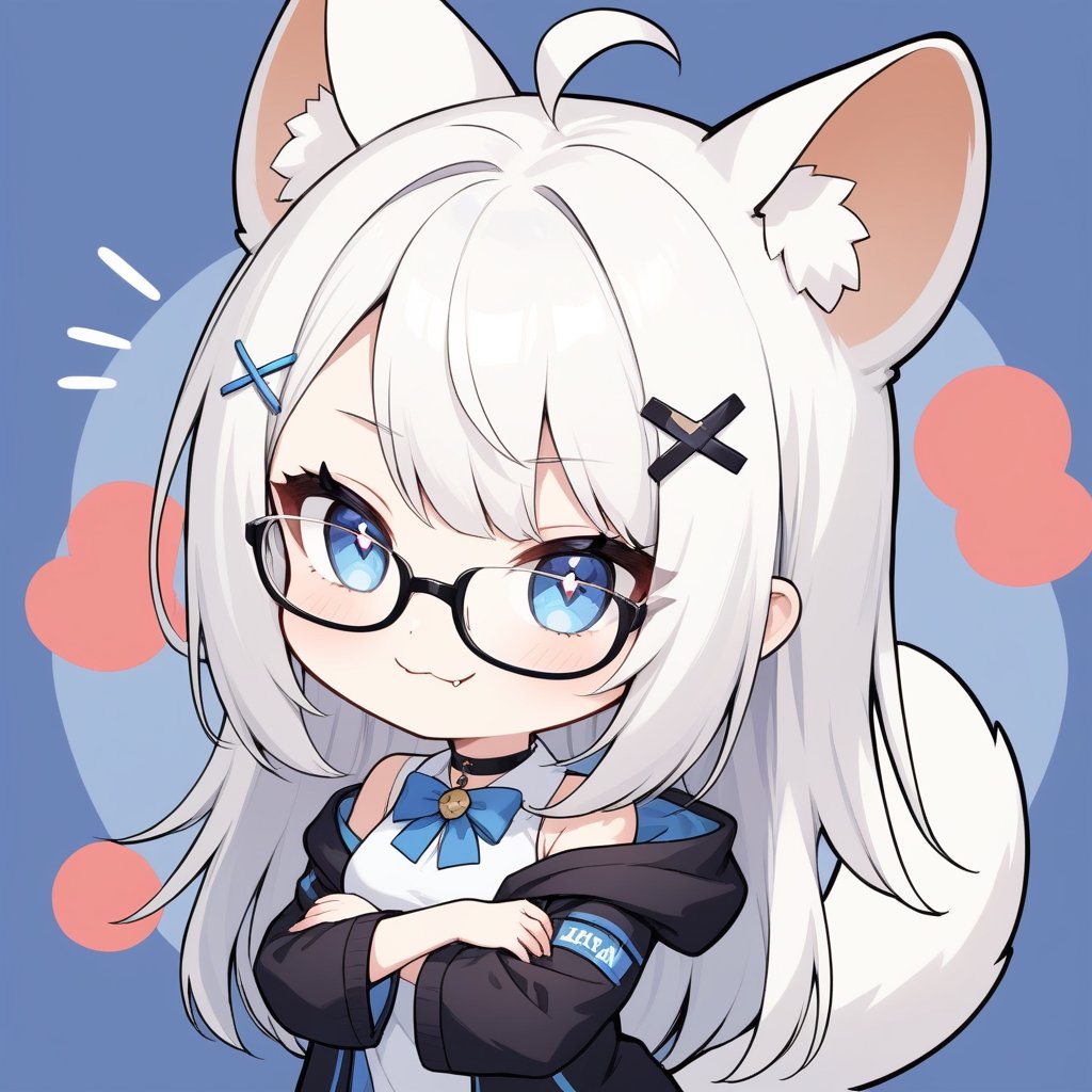 (chibi style), {{{masterpiece}}}, {{{best quality}}}, {{ultra-detailed}}, {beautiful detailed eyes},1girl, solo,  ((white hair)), very long hair, blue eyes, (straight hair), (bangs), animal ears, (stoat ears:1.2), Choker, ahoge, fangs, (big stoat Tail:1.2), (X hairpin), (White sleeveless collared dress, blue chest bow), (black hooded oversized jacket:1.2), (Off the shoulders), (glasses), (smug smile), ((with arms folded)), upper body,chibi emote style,chibi,emote,aesthetic, ,comic book