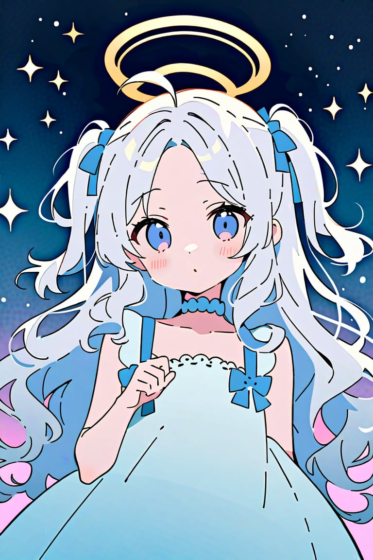 (finely best quality illustration:1.2), (kawaii girl:1.1), (1girl, solo:1), coquettish skin,  angel, white hair, long curly hair, (two side up), blue eyes, two blue bows on head, (Double golden halo on her head), choker, angel wings on back, ahoge, 
silver hair, wavy hair, hair,
pop, candy, kawaii, watercolor medium, dramatic angle,  lowing long hair, parted bangs, grey hair, flowery bubbles, the bottom of the bottle background, sparkle, 