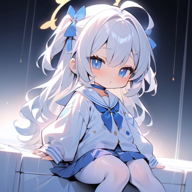  chibi, masterpiece, best quality,1girl, angel, (white hair), long curly hair, (two side up),blue eyes, (two blue ribbons on her hair), ((Double golden halo on her head)), choker, (angel wings), ahoge,blue school uniform,sailor collar,long sleeves,pleated skirt,white pantyhose,
,masterpiece