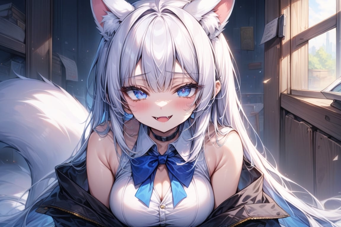 score_9, score_8_up, score_7_up, masterpiece, insane detail, 4k, source_anime, 1girl, ((white hair)), very long hair, blue eyes, (straight hair), (bangs), animal ears, (stoat ears:1.2), Choker, ahoge, fangs, (big stoat Tail:1.2), 
(White sleeveless collared dress, blue chest bow), (black hooded oversized jacket:1.2), (Off the shoulders), 
, shaded face, light white hair, long hair, ahoge, wide smile, 