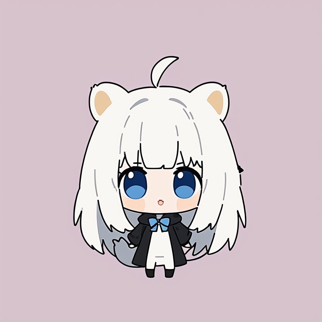 chibi, masterpiece, made by a master, 4k, perfect anatomy, perfect details, best quality, high quality, lots of detail.
(solo),1girl, ((white hair)), very long hair, blue eyes, (straight hair), (bangs), animal ears, (stoat ears:1.2), ahoge, fang, (big stoat Tail:1.2), (White sleeveless two piece dress, blue chest bow), (black hooded jacket:1.2), (Off the shoulders), (fighting with a rabbit), single, looking at viewer, (full body) ,Emote Chibi. cute comic,simple background, flat color, Cute girl,Chibi Style,chibi emote style,cute,anime