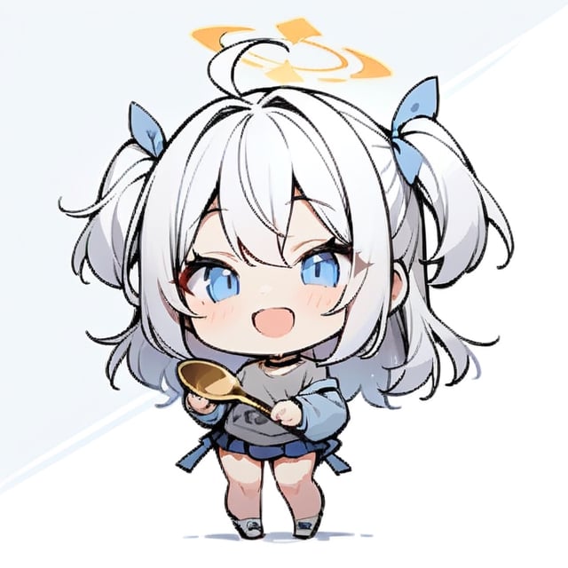  chibi, masterpiece, best quality,1girl, angel, (white hair), long curly hair, (two side up),blue eyes, (two blue ribbons on her hair), ((Double golden halo on her head)), choker, ((angel wings)), ahoge, full body, cute smile, best smile, open mouth, Wearing grey Hooded T-shirt, long sleeves, pleated skirt, (holding a huge spoon), ,masterpiece,simple background, ,