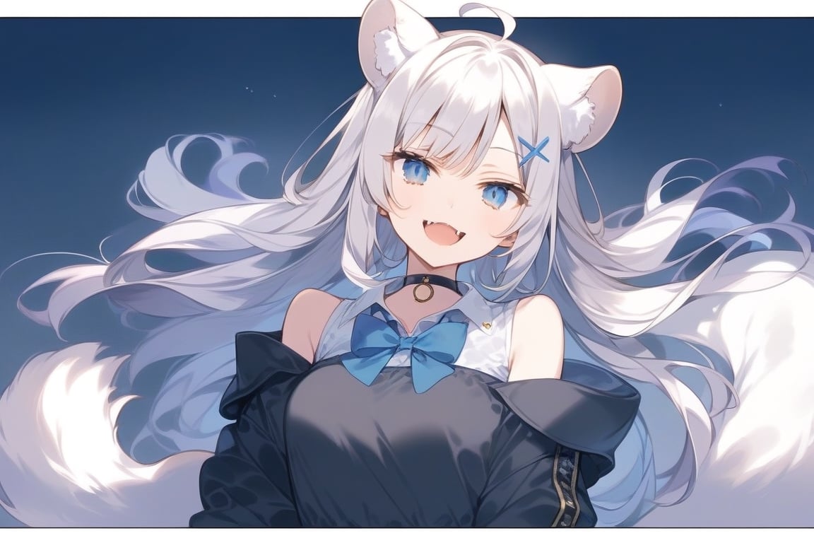 score_9, score_8_up, score_7_up, masterpiece, insane detail, 4k, source_anime, 1girl, solo,  ((white hair)), very long hair, blue eyes, (straight hair), (bangs), animal ears, (stoat ears:1.2), Choker, ahoge, fangs, (big stoat Tail:1.2), (X hairpin), (White sleeveless collared dress, blue chest bow), (black hooded oversized jacket:1.2), (Off the shoulders), 
, shaded face, light white hair, long hair, ahoge, wide smile, ,aesthetic