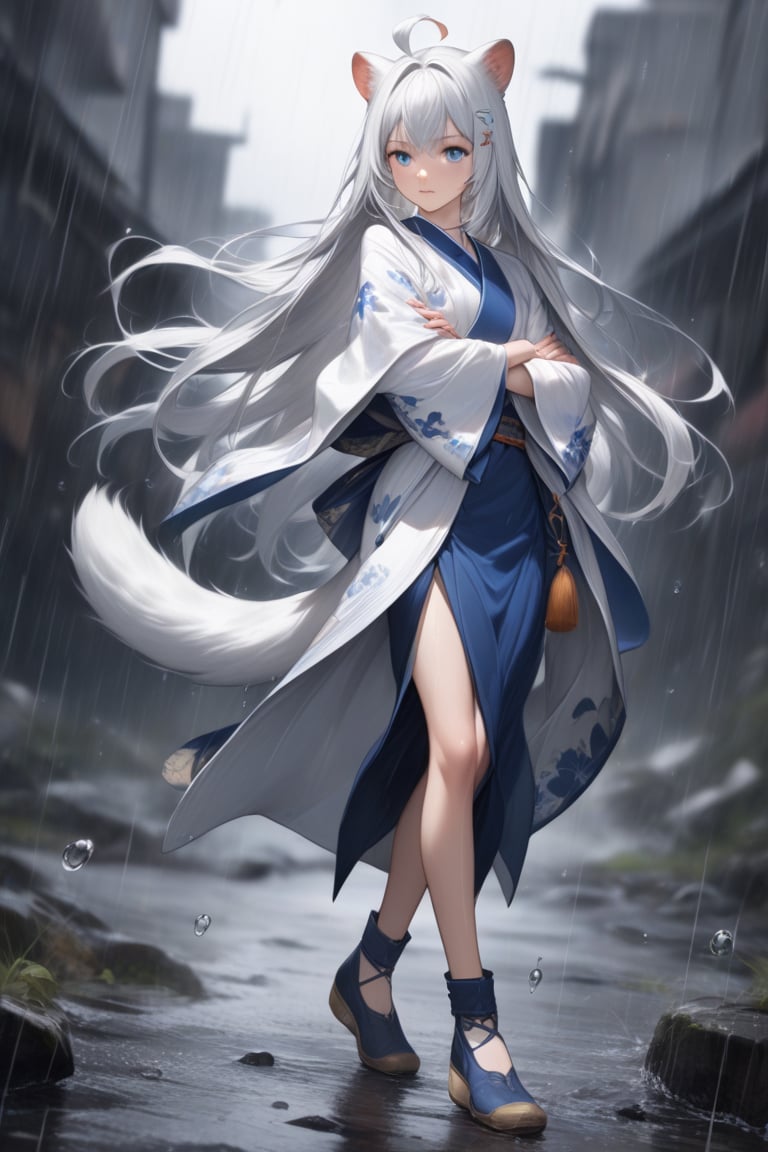 1girl, stoat girl, solo,  ((white hair)), very long hair, blue eyes, (straight hair), (bangs), animal ears, (stoat ears:1.2),
 Choker, ahoge, yaeba, (big white stoat Tail:1.2), (blue X hairpin), very beautiful girl, looking at viewer, /(perfect anatomy)/, kimono, crossing arms, dynamic pose (walking), full body, skirt, stockings, beautiful eyes, total heterochromia, frowning, background battlefield, slightly blurred background, wallpaper quality, badass girl, determined look, rain, waterdrop, water brushing girl's cheeks, almost prismatic eyes. Stunning and attractive image, 8k, detailed image, masterpiece quality.