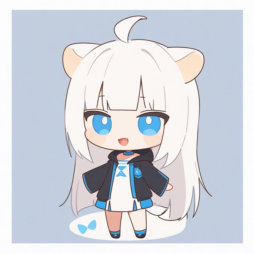 chibi, masterpiece, made by a master, 4k, perfect anatomy, perfect details, best quality, high quality, lots of detail.
(solo),1girl, ((white hair)), very long hair, blue eyes, (straight hair), (bangs), animal ears, (stoat ears:1.2), Choker, ahoge, fang, (big stoat Tail:1.2), (White sleeveless two piece dress, blue chest bow), (black hooded jacket:1.2), (Off the shoulders), (playing with a rabbit:1.2), single, looking at viewer, (full body) ,Emote Chibi. cute comic,simple background, flat color, Cute girl,Chibi Style,chibi emote style,aesthetic