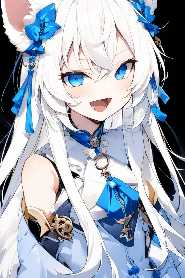 1girl, stoat girl, solo,  ((white hair)), very long hair, blue eyes, (straight hair), (bangs), animal ears, (stoat ears:1.2),
 Choker, ahoge, fangs, (big stoat Tail:1.2), (blue X hairpin), (blue chest bow), cute outfit, portrait, anime style, night light, charming, nature,flat style