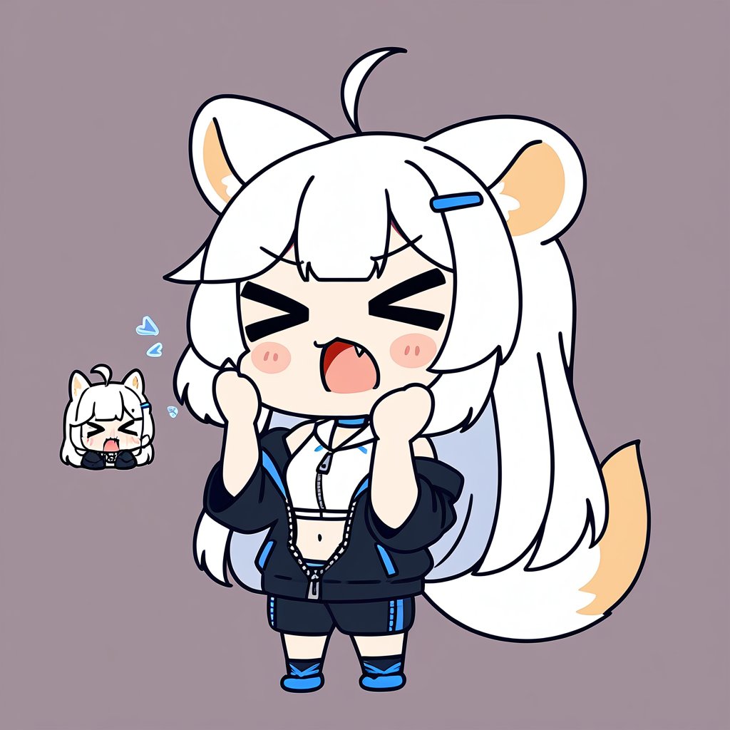 (chibi:1.3), masterpiece, made by a master, 4k, perfect anatomy, perfect details, best quality, high quality, lots of detail.
(solo),1girl, ((stoat girl)), solo,  ((white hair)), very long hair, blue eyes, (straight hair), (bangs), animal ears, (stoat ears:1.2), Choker, ahoge, fangs, (big Fox Tail:1.2), (blue X hairpin), (White collared sleeveless top, (midriff), blue chest bow), (black hooded oversized jacket:1.2), (jacket zipper half unzipped), (black short pants) (Off the shoulders), single, (((>_<:1.4))), hands on face, (upper body) ,Emote Chibi. cute comic,simple background, flat color, Cute girl,dal,Chibi Style,lineart,comic book,
