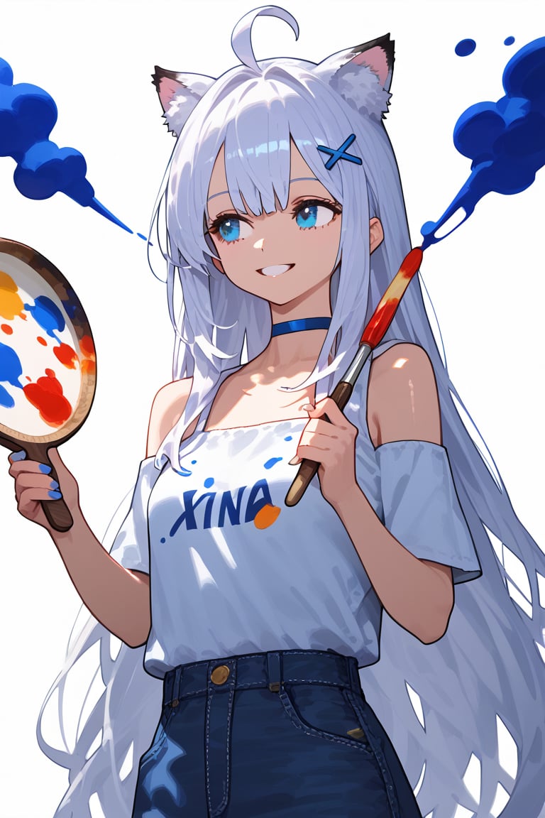 A very beautiful anime girl, 1girl, stoat girl, solo,  ((white hair)), very long hair, blue eyes, (straight hair), (bangs), animal ears, (stoat ears:1.2),
 Choker, ahoge, yaeba, (big white stoat Tail:1.2), (blue X hairpin),wearing a very casual outfit, white background, holding a big paintbrush, holding palette, the girl is drawing a line of ink in the air as if it were a canvas, front view, looking away, smiling, shining gaze, masterpiece quality, stunning image, colorful,ink paint,Ink art