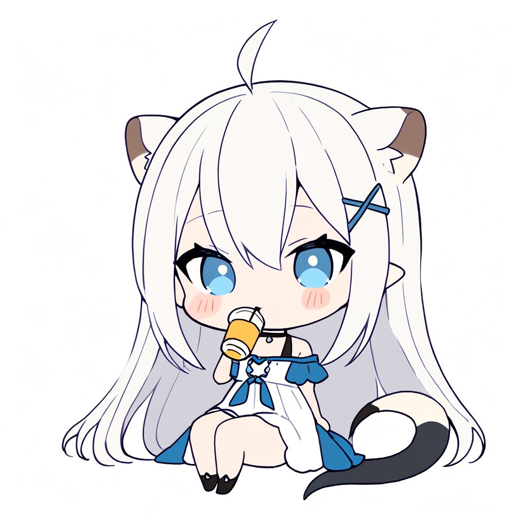 masterpiece, 1girl, stoat girl, solo,  ((white hair)), very long hair, blue eyes, (straight hair), (bangs), animal ears, (stoat ears:1.2),
 Choker, ahoge, fangs, (big stoat Tail:1.2), (blue X hairpin), solo, long hair, blush, bangs, simple background, cute dress, white background, hair between eyes, collarbone, (((drinking))), ahoge, lips parted, off shoulder, chibi, (((up body))),flat style, flat color