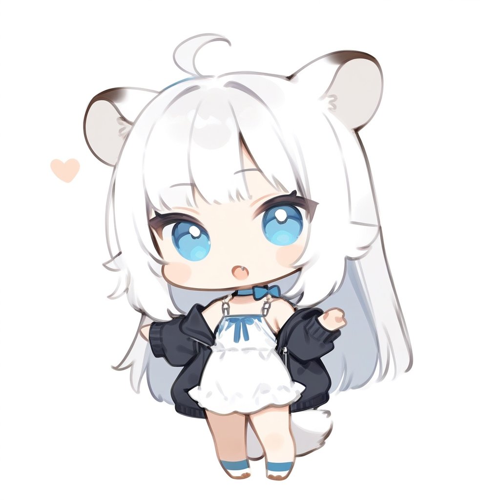 chibi, masterpiece, made by a master, 4k, perfect anatomy, perfect details, best quality, high quality, lots of detail.
(solo),1girl, ((white hair)), very long hair, blue eyes, (straight hair), (bangs), animal ears, (stoat ears:1.2), Choker, ahoge, fang, (big stoat Tail:1.2), (White sleeveless two piece dress, blue chest bow), (black hooded jacket:1.2), (Off the shoulders), (playing with a rabbit:1.2), single, looking at viewer, (full body) ,Emote Chibi. cute comic,simple background, flat color, Cute girl,Chibi Style,chibi emote style,aesthetic