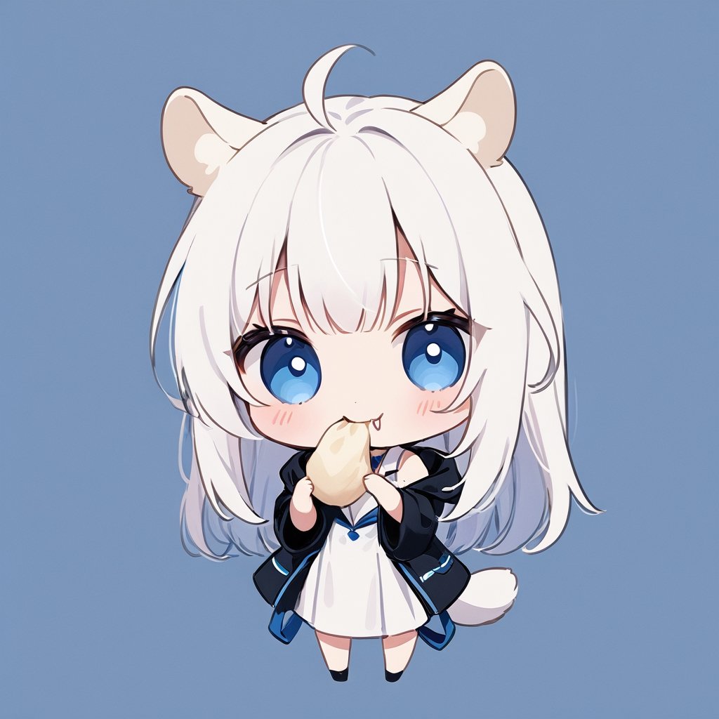 chibi, masterpiece, made by a master, 4k, perfect anatomy, perfect details, best quality, high quality, lots of detail.
(solo),1girl, ((white hair)), very long hair, blue eyes, (straight hair), (bangs), animal ears, (stoat ears:1.2), Choker, ahoge, fang, (big stoat Tail:1.2), (White sleeveless collared dress, blue chest bow), (black hooded oversized jacket:1.2), (Off the shoulders), (Eating fried dumplings:1.2), single, looking at viewer, (full body) ,Emote Chibi. cute comic,simple background, flat color, Cute girl,Chibi Style,chibi emote style,portraitart