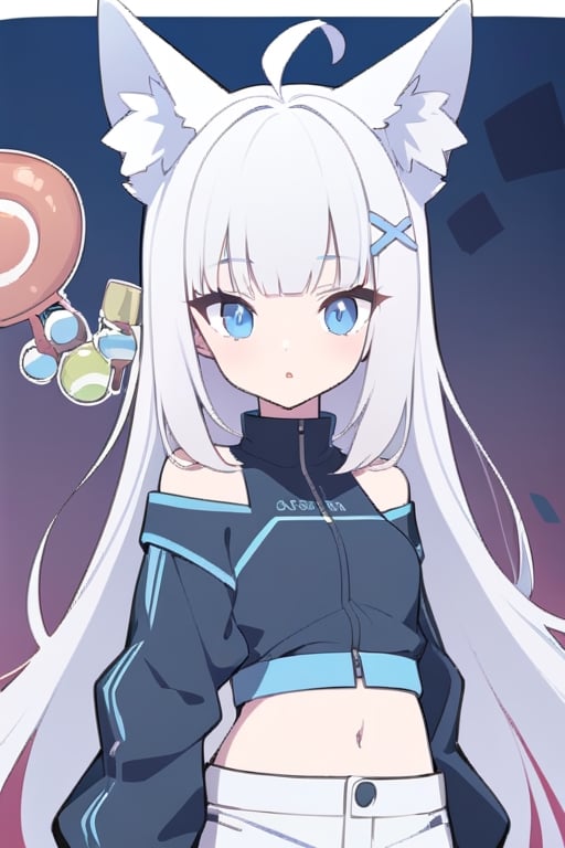 animal ear fluff, animal ears, 1girl, solo,  ((white hair)), very long hair, blue eyes, (straight hair), (bangs), animal ears, (stoat ears:1.2), Choker, ahoge, fangs, (big stoat Tail:1.2), (blue X hairpin), (White sleeveless collared dress, (midriff), blue chest bow), (black hooded oversized jacket:1.2), (jacket zipper half unzipped), (Off the shoulders), candy, food print, highres, holding, multiple girls, multiple tails,,tail,txznmec