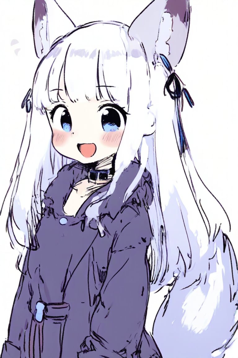 1girl, stoat girl, solo,  ((white hair)), very long hair, blue eyes, (straight hair), (bangs), animal ears, (stoat ears:1.2),
 Choker, ahoge, fangs, (big stoat Tail:1.2), (blue X hairpin), (White collared sleeveless top, (midriff), blue chest bow), 
(black hooded oversized jacket:1.2), (jacket zipper half unzipped), (black short pants) (Off the shoulders), anime, eating