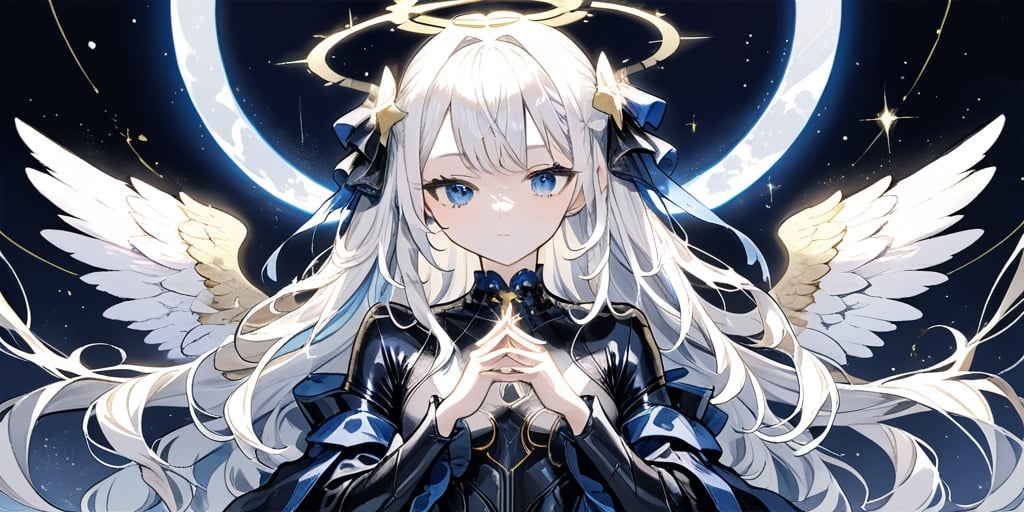 1girl, angel, white hair, long curly hair, two side up,blue eyes, two blue ribbons on her hair, (Double golden halo on her head), choker, angel wings, cyber suit, own hands together, night, upper body, looking away, masterpiece,  best quality,  aesthetic,lineart, LineAniAF