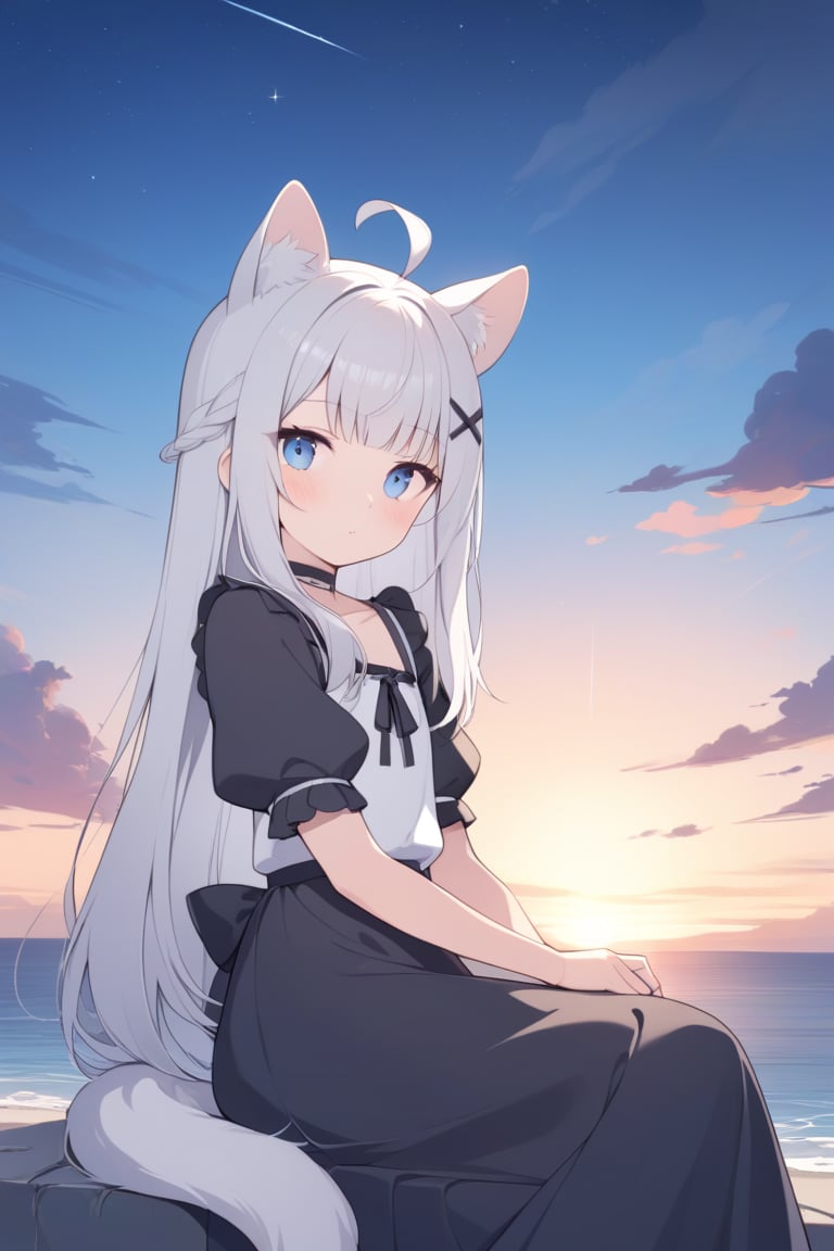 1girl, stoat girl, solo,  ((white hair)), very long hair, blue eyes, (straight hair), (bangs), animal ears, (stoat ears:1.2),
 Choker, ahoge, yaeba, (big white stoat Tail:1.2), (blue X hairpin),  solo, long hair, looking at viewer, blush, bangs, brown hair, hair ornament, dress, sitting, closed mouth, short sleeves, outdoors, sky, puffy sleeves, cloud, wide sleeves, water, black dress, puffy short sleeves, lips, black ribbon, ocean, star \(sky\), sunset, horizon,Detail