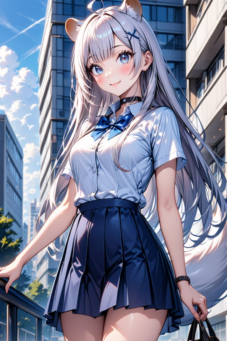 1girl, stoat girl, solo,  ((white hair)), very long hair, blue eyes, (straight hair), (bangs), animal ears, (stoat ears:1.2),
 Choker, ahoge, yaeba, (big white stoat Tail:1.2), (blue X hairpin), solo, long hair, breasts, looking at viewer, blush, smile, bangs, blue eyes, skirt, shirt,  bow, medium breasts, closed mouth, school uniform, standing, white shirt, short sleeves, cowboy shot, pleated skirt,  outdoors, sky, day, collared shirt, cloud, bowtie, bag, buttons, blue bow, blue skirt, building, blue bowtie