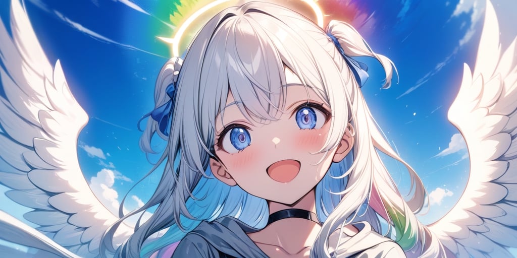 shiny, vibrant colors, female, masterpiece, sharp focus, best quality, depth of field, cinematic lighting, ((solo, one girl)), (illustration, 8k CG, extremely detailed), masterpiece, ultra-detailed, Anime-style illustration depicting a  sky scene. A sky after rain. ((rainbow)), daytime, outdoor, 1girl, angel, white hair, long curly hair, two side up,blue eyes, two blue ribbons on her hair, (Double golden halo on her head), choker, ((angel wings)),   Wearing grey Hooded T-shirt, is looking up at the sky with a surprised expression, cute smile.best smile, The perspective is from below, open mouth, shiny background,