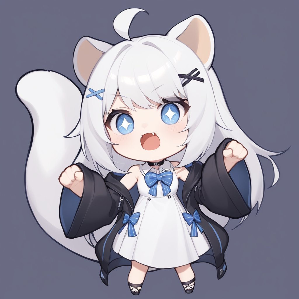 (chibi style), {{{masterpiece}}}, {{{best quality}}}, {{ultra-detailed}}, {beautiful detailed eyes},1girl, solo,  ((white hair)), very long hair, blue eyes, (straight hair), (bangs), animal ears, (stoat ears:1.2), Choker, ahoge, fangs, (big stoat Tail:1.2), (X hairpin), (White sleeveless collared dress, blue chest bow), (black hooded oversized jacket:1.2), (Off the shoulders), O_O, ((punching pose)), upper body,chibi emote style,chibi,emote,Eyes,Beautiful eyes