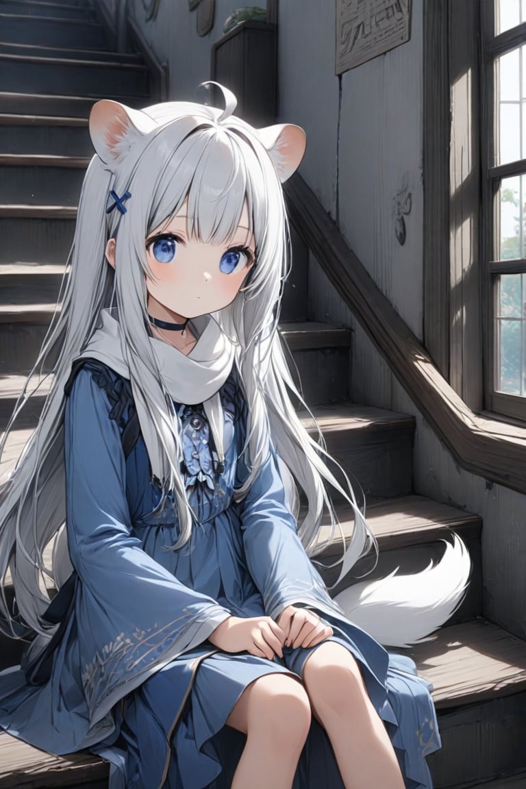 1girl, stoat girl, solo,  ((white hair)), very long hair, blue eyes, (straight hair), (bangs), animal ears, (stoat ears:1.2),
 Choker, ahoge, yaeba, (big white stoat Tail:1.2), (blue X hairpin), An animated image of a woman in a blue dress sitting on a set of stairs. The woman has long hair and blue eyes. She is wearing a white scarf around her neck. The stairs she is sitting on are made of gray wood. There is a window to the left of the woman. The wall behind the woman  has a design on it.