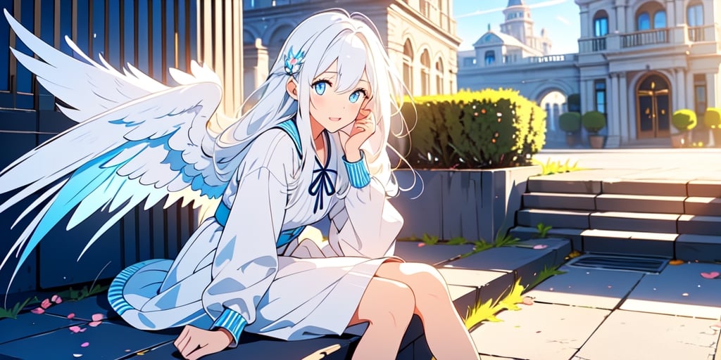 vibrant colors, female, masterpiece, sharp focus, best quality, depth of field, cinematic lighting, ((solo, one woman )), (illustration, 8k CG, extremely detailed), masterpiece, ultra-detailed,
1angel, (white hair), long curly hair, blue eyes, (two blue ribbons on her hair), (Double golden halo on her head), angel wings, sweater, cute outfit, sitting, against the wall, beside the street, open mouth, best smile, cute face, (full body),  perfect light,1girl white hair blue eyes x hair ornament,masterpiece,