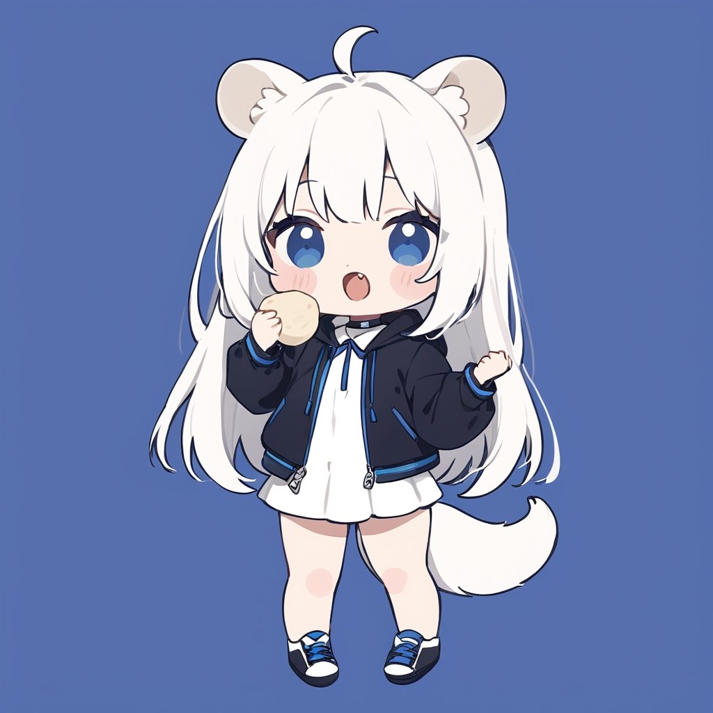 chibi, masterpiece, made by a master, 4k, perfect anatomy, perfect details, best quality, high quality, lots of detail.
(solo),1girl, ((white hair)), very long hair, blue eyes, (straight hair), (bangs), animal ears, (stoat ears:1.2), Choker, ahoge, fang, (big stoat Tail:1.2), (White sleeveless collared dress, blue chest bow), (black hooded oversized jacket:1.2), (Off the shoulders), (Eating fried dumplings:1.2), open mouth, single, looking at viewer, (full body) ,Emote Chibi. cute comic,simple background, flat color, Cute girl,Chibi Style,chibi emote style,portraitart