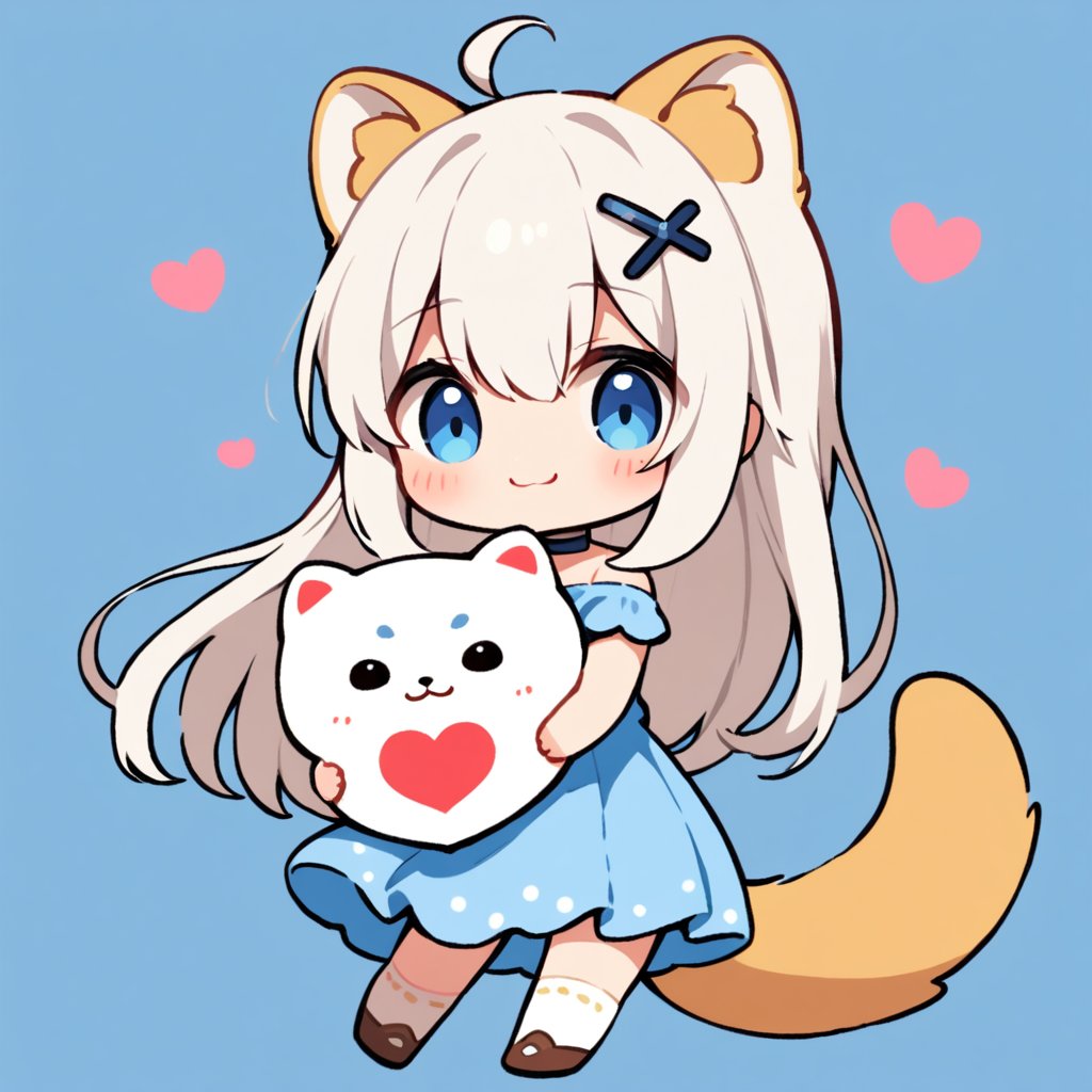 masterpiece, 1girl, stoat girl, solo,  ((white hair)), very long hair, blue eyes, (straight hair), (bangs), animal ears, (stoat ears:1.2),
 Choker, ahoge, fangs, (big stoat Tail:1.2), (blue X hairpin), solo, long hair, blush, bangs, simple background, cute dress, white background, hair between eyes, (((love))), (smiling), (((holding a big heart))), collarbone, ahoge, lips parted, off shoulder, chibi, (((up body))),flat style,