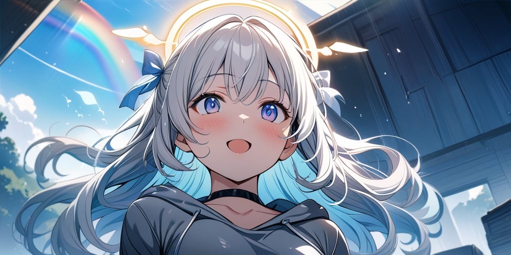 shiny, vibrant colors, female, masterpiece, sharp focus, best quality, depth of field, cinematic lighting, ((solo, one girl)), (illustration, 8k CG, extremely detailed), masterpiece, ultra-detailed, Anime-style illustration depicting a  sky scene. A sky after rain. ((rainbow)), daytime, outdoor, 1girl, angel, white hair, long curly hair, two side up,blue eyes, two blue ribbons on her hair, (Double golden halo on her head), choker, (angel wings),   Wearing grey Hooded T-shirt, is looking up at the sky with a surprised expression, cute smile.best smile, The perspective is from below, open mouth, shiny background,Flat vector art,Visual Anime