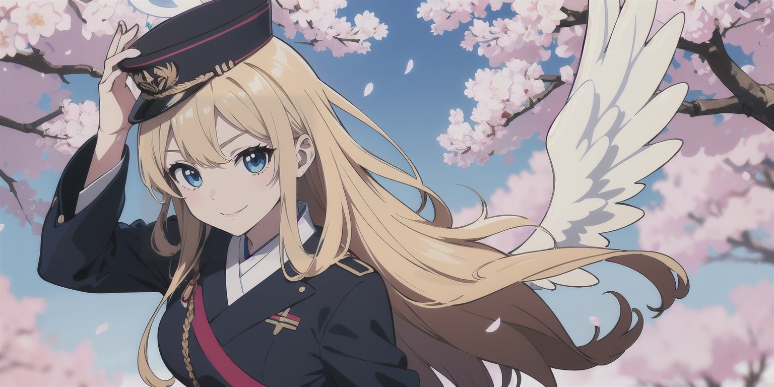  figure, (1girl), (solo), (angel_wings), ((white long curly hair)), blue eyes, two blue ribbons on her hair, (Double golden halo on her head), middle_breast, , cute smile, Japanese military uniform, Japanese military hat, fighting pose, background is cherry blossoms, masterpiece, better_hands, masterpiece, best quality,sticker design