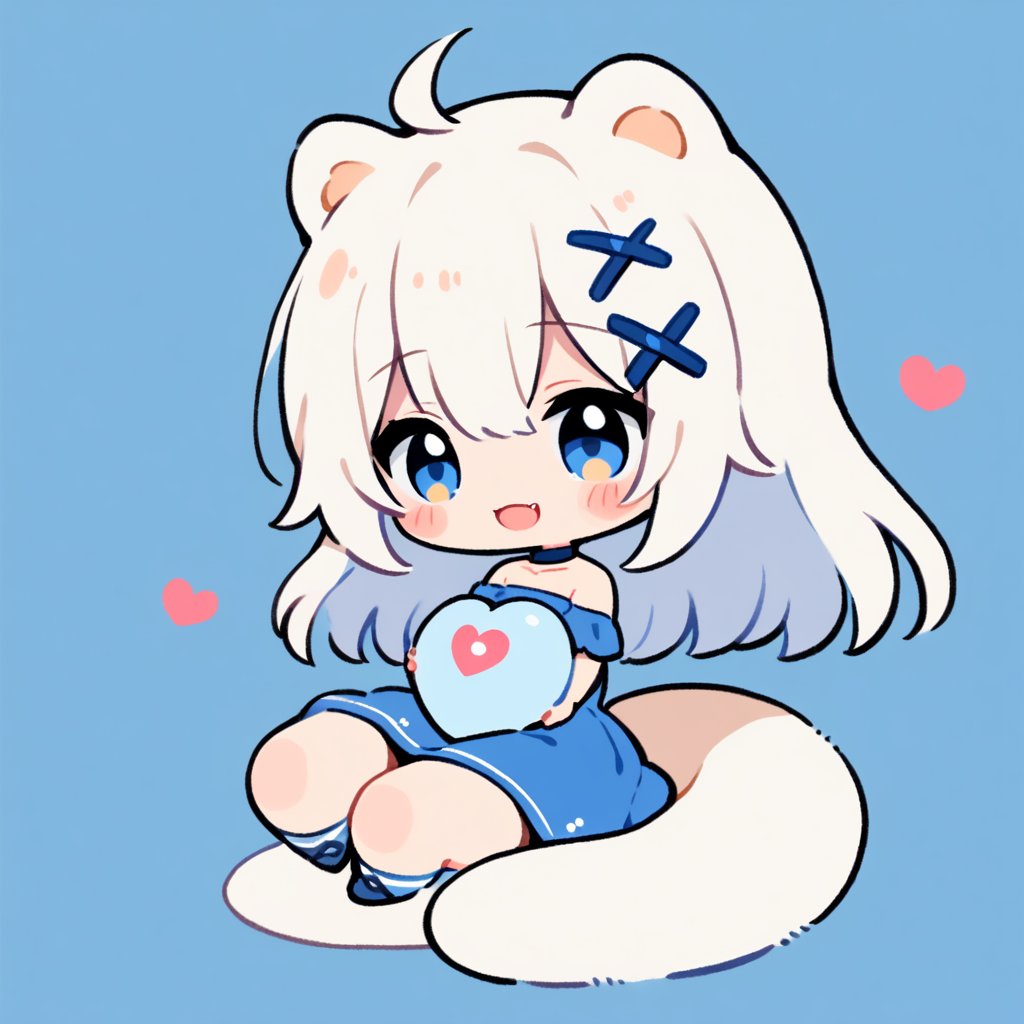 masterpiece, 1girl, stoat girl, solo,  ((white hair)), very long hair, blue eyes, (straight hair), (bangs), animal ears, (stoat ears:1.2),
 Choker, ahoge, fangs, (big stoat Tail:1.2), (blue X hairpin), solo, long hair, blush, bangs, simple background, cute dress, white background, hair between eyes, (((love))), (smiling), (((holding a big heart))), collarbone, ahoge, lips parted, off shoulder, chibi, (((up body))),flat style,