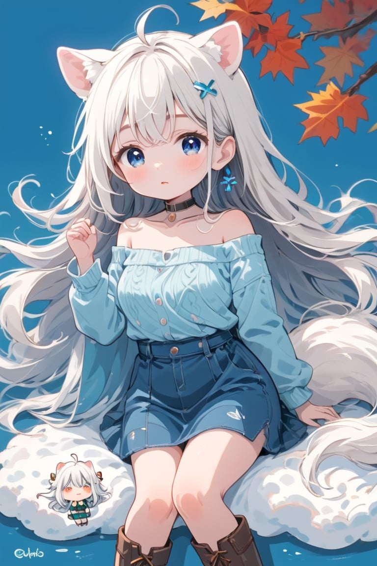 Simple background, Japanese pattern background, ((A chibi girl)), 1girl, stoat girl, solo,  ((white hair)), very long hair, blue eyes, (straight hair), (bangs), animal ears, (stoat ears:1.2),
 Choker, ahoge, yaeba, (big white stoat Tail:1.2), (blue X hairpin), in a wool sweater and corduroy skirt, leather boots, warming herself against a chilly breeze in Autumn